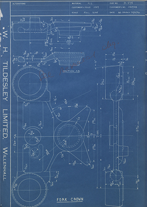 Matchless Motorcycles LTD 021728 Fork Crown WH Tildesley Forging Technical Drawing