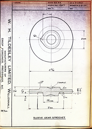 Matchless Motorcycles LTD 031191 Sleeve Gear Sprocket WH Tildesley Forging Technical Drawing