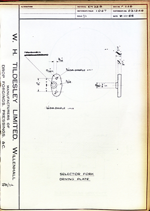 Matchless Motorcycles LTD 031248 Selector Fork Driving Plate WH Tildesley Forging Technical Drawing