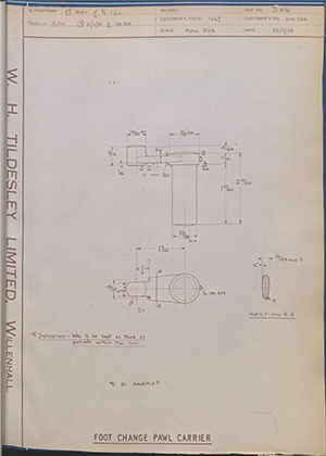 Matchless Motorcycles LTD 041384 Foot Change Pawl Carrier WH Tildesley Forging Technical Drawing