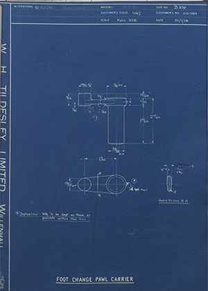 Matchless Motorcycles LTD 041384 Foot Change Pawl Carrier WH Tildesley Forging Technical Drawing