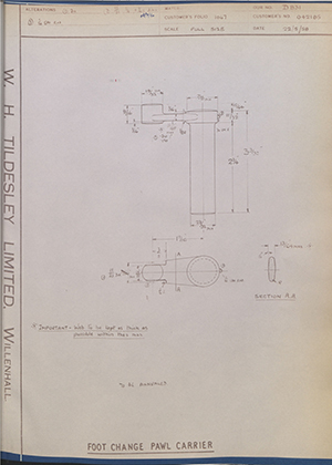 Matchless Motorcycles LTD 042185 Foot Change Pawl Carrier WH Tildesley Forging Technical Drawing