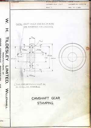 Matchless Motorcycles LTD 048038 Camshaft Gear Stamping WH Tildesley Forging Technical Drawing