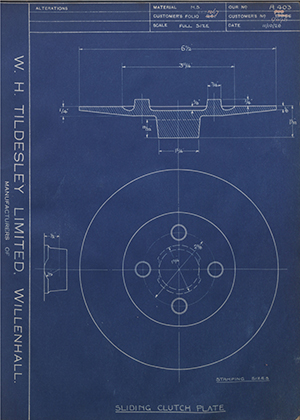 Matchless Motorcycles LTD 15966 / 9098 Sliding Clutch Plate WH Tildesley Forging Technical Drawing