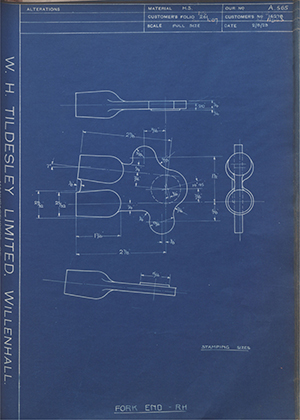 Matchless Motorcycles LTD 16278 / 11943 Fork End - RH WH Tildesley Forging Technical Drawing