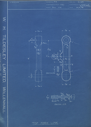 Matchless Motorcycles LTD 17748/L&R / 36/G3C/FF25/6 Top Fork Link WH Tildesley Forging Technical Drawing