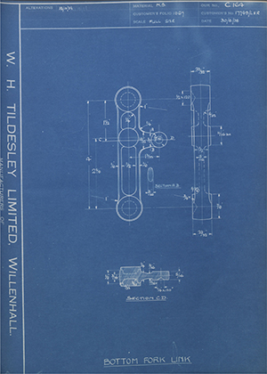 Matchless Motorcycles LTD 17749/L&R Bottom Fork Link WH Tildesley Forging Technical Drawing