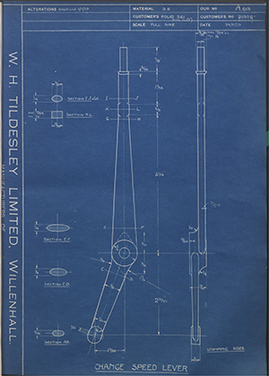 Matchless Motorcycles LTD 20328 / 20767 Change Speed Lever WH Tildesley Forging Technical Drawing