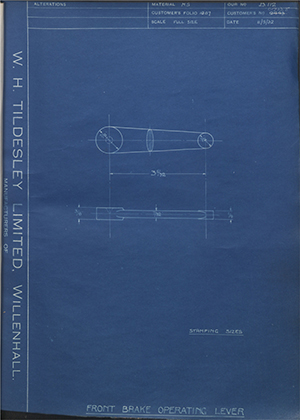 Matchless Motorcycles LTD 2443 / 017228 Front Brake Operating Lever WH Tildesley Forging Technical Drawing