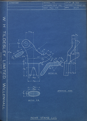 Matchless Motorcycles LTD 35/G3/F41/L Rear Stand Lug WH Tildesley Forging Technical Drawing