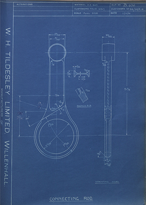 Matchless Motorcycles LTD 36/20/E16 Connecting Rod WH Tildesley Forging Technical Drawing