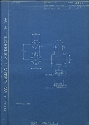 Matchless Motorcycles LTD 36/G2A/F103/4 Front Engine Lug WH Tildesley Forging Technical Drawing