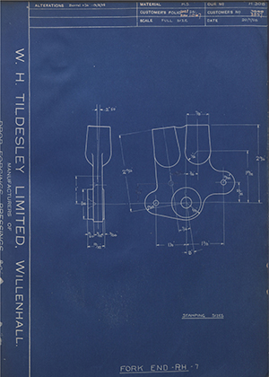 Matchless Motorcycles LTD 3640 / 3837 Fork End - RH - 7 WH Tildesley Forging Technical Drawing