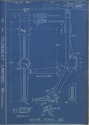 Matchless Motorcycles LTD 42/G4/F191 / 010012 / 014446 Centre Stand Leg WH Tildesley Forging Technical Drawing