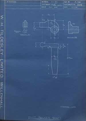 Matchless Motorcycles LTD 5688 / 1616M Inlet Rocker Shaft WH Tildesley Forging Technical Drawing