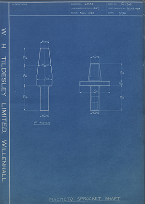 Matchless Motorcycles LTD B/23/E439 Magneto Sprocket Shaft WH Tildesley Forging Technical Drawing