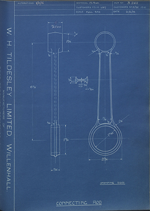 Matchless Motorcycles LTD D/2E 1216 Connecting Rod WH Tildesley Forging Technical Drawing