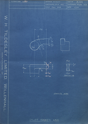 Matchless Motorcycles LTD D/8E 1859 Inlet Rocker Arm WH Tildesley Forging Technical Drawing