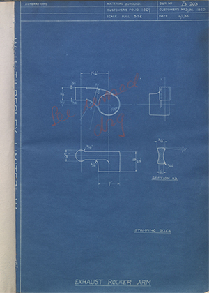 Matchless Motorcycles LTD D/8E 1860 Exhaust Rocker Arm WH Tildesley Forging Technical Drawing