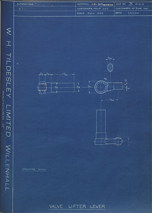 Matchless Motorcycles LTD D8E 2861 Valve Lifter Lever WH Tildesley Forging Technical Drawing