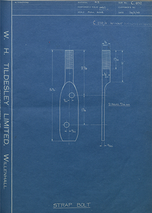 Matchless Motorcycles LTD  Strap Bolt WH Tildesley Forging Technical Drawing