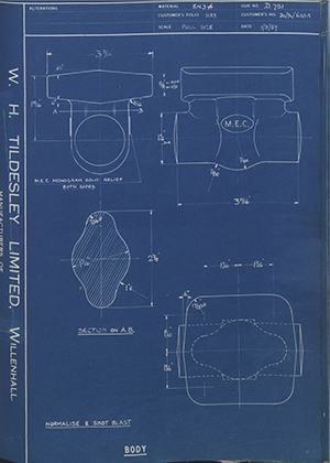 Millingford Engineering Co 20/1/2/620A Body WH Tildesley Forging Technical Drawing