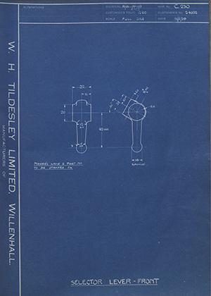 Morris Motors LTD 24032 Selector Lever - Front WH Tildesley Forging Technical Drawing