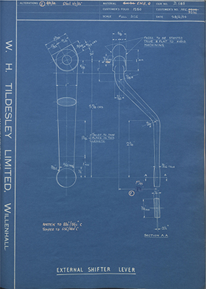 Morris Motors LTD AEC3204 / AEC3236 External Shifter Lever WH Tildesley Forging Technical Drawing