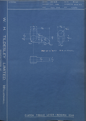 Morris Motors LTD AEH3177 Clutch Toggle Lever - Reverse Gear WH Tildesley Forging Technical Drawing