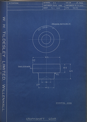 Morris Motors LTD CA1004 Crankshaft Gear WH Tildesley Forging Technical Drawing