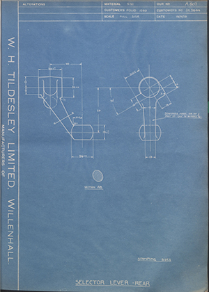 Morris Motors LTD JA5844 Selector Lever - Rear WH Tildesley Forging Technical Drawing