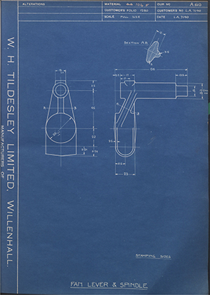 Morris Motors LTD LA7140 Fan Lever & Spindle WH Tildesley Forging Technical Drawing