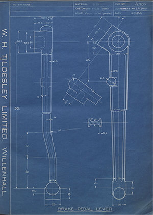 Morris Motors LTD LA7180 Brake Pedal Lever WH Tildesley Forging Technical Drawing