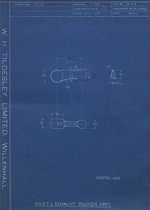 O.K Supreme Motors CX-294/5 Inlet & Exhaust Rocker Arm WH Tildesley Forging Technical Drawing