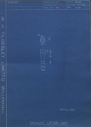 O.K Supreme Motors CX-296 Exhaust Lifter Cam WH Tildesley Forging Technical Drawing