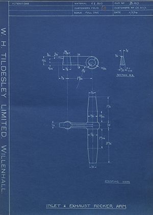 O.K Supreme Motors CX227/8 Inlet & Exhaust Rocker Arm WH Tildesley Forging Technical Drawing