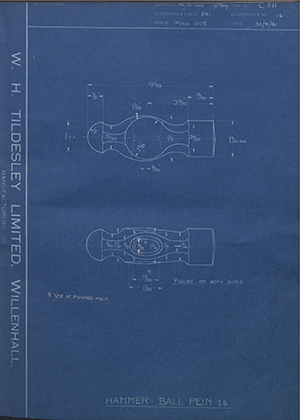 Overseas Handicrafts 'Panda' Works 1lb Hammer - Ball Pein 1lb WH Tildesley Forging Technical Drawing