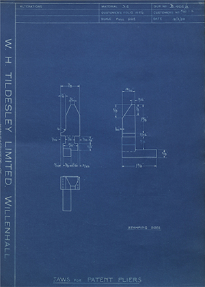 Parallel Motion Tool Co LTD FIG 1 - A Jaws for Patent Pliers WH Tildesley Forging Technical Drawing