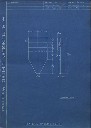 Parallel Motion Tool Co LTD FIG 4 Plate for Patent Pliers WH Tildesley Forging Technical Drawing