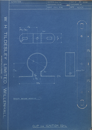 Portland Ignitions  Clip for Ignition Coil WH Tildesley Forging Technical Drawing