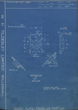 Pressed Steel Co LTD 1202/60 Socket Plate - Trunk Lid Pivot - LH WH Tildesley Forging Technical Drawing