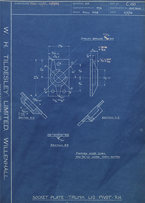 Pressed Steel Co LTD 1202/602A3 Socket Plate - Trunk Lid Pivot - RH WH Tildesley Forging Technical Drawing