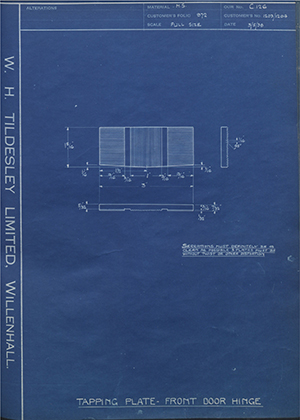 Pressed Steel Co LTD 1203/1204 Tapping Plate - Front Door Hinge WH Tildesley Forging Technical Drawing