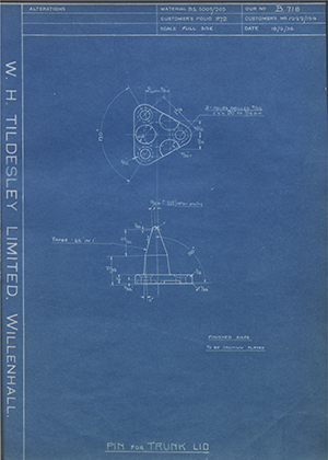 Pressed Steel Co LTD 1222/154 Pin for Trunk Lid WH Tildesley Forging Technical Drawing