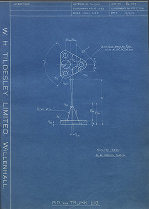 Pressed Steel Co LTD 1222/158 Pin for Trunk Lid WH Tildesley Forging Technical Drawing