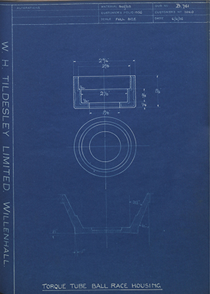 Riley (Coventry) LTD 10110 Torque Tube Ball Race Housing WH Tildesley Forging Technical Drawing