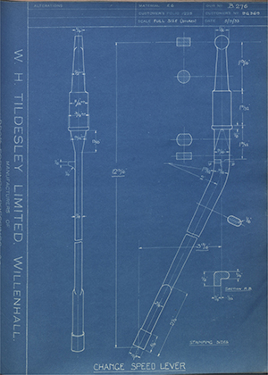 Riley (Coventry) LTD 9G369 Change Speed Lever WH Tildesley Forging Technical Drawing