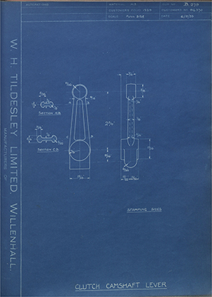 Riley (Coventry) LTD 9G370 Clutch Camshaft Lever WH Tildesley Forging Technical Drawing