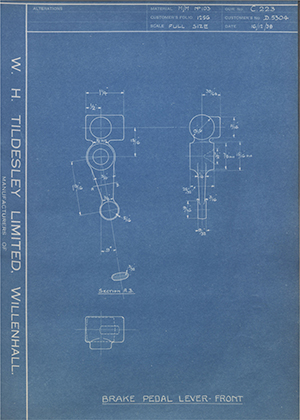 Riley (Coventry) LTD D5304 Brake Pedal Lever - Front WH Tildesley Forging Technical Drawing