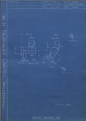 Riley (Coventry) LTD R522 Valve Rocker - RH WH Tildesley Forging Technical Drawing